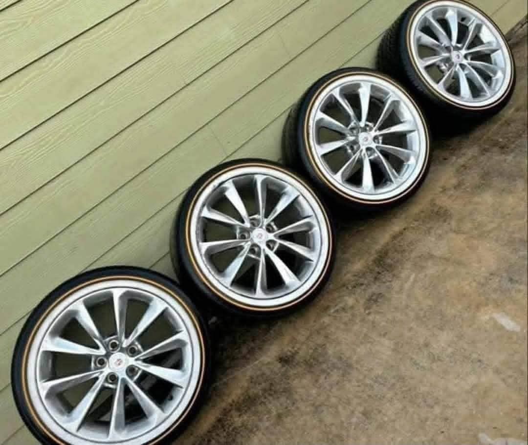 Used 18" Cadillac Chrome Wheels + Vogue Tires - 5x5 Bolt Pattern - 90% Tread