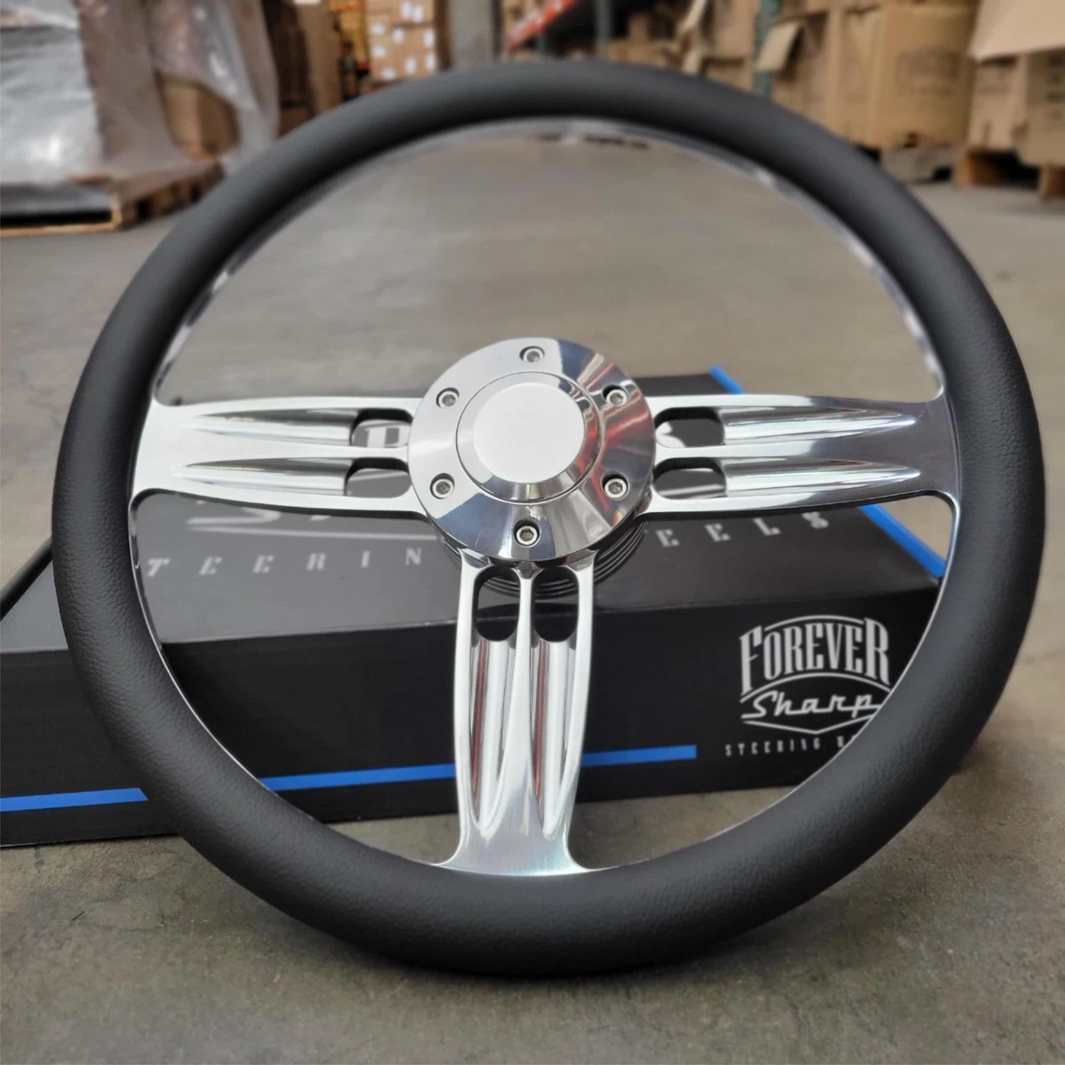 Forever Sharp 14" Billet 3-Spoke Steering Wheel - Polished Aluminum with Black Leather Grip